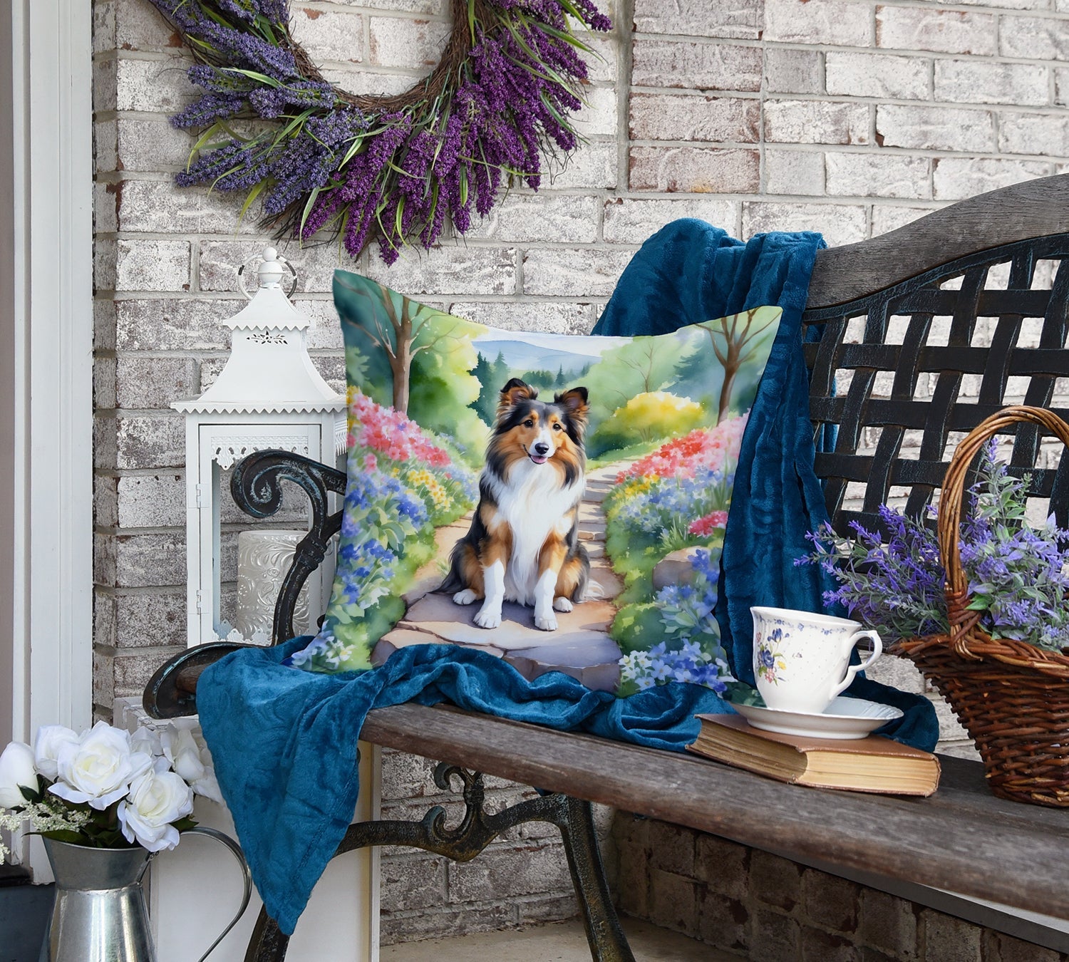 Sheltie Spring Path Decorative Throw Pillow 18x18 Indoor Outdoor Accent Cushion, Fabric Cover with Insert for Sofa, Bed, Porch & Living Room