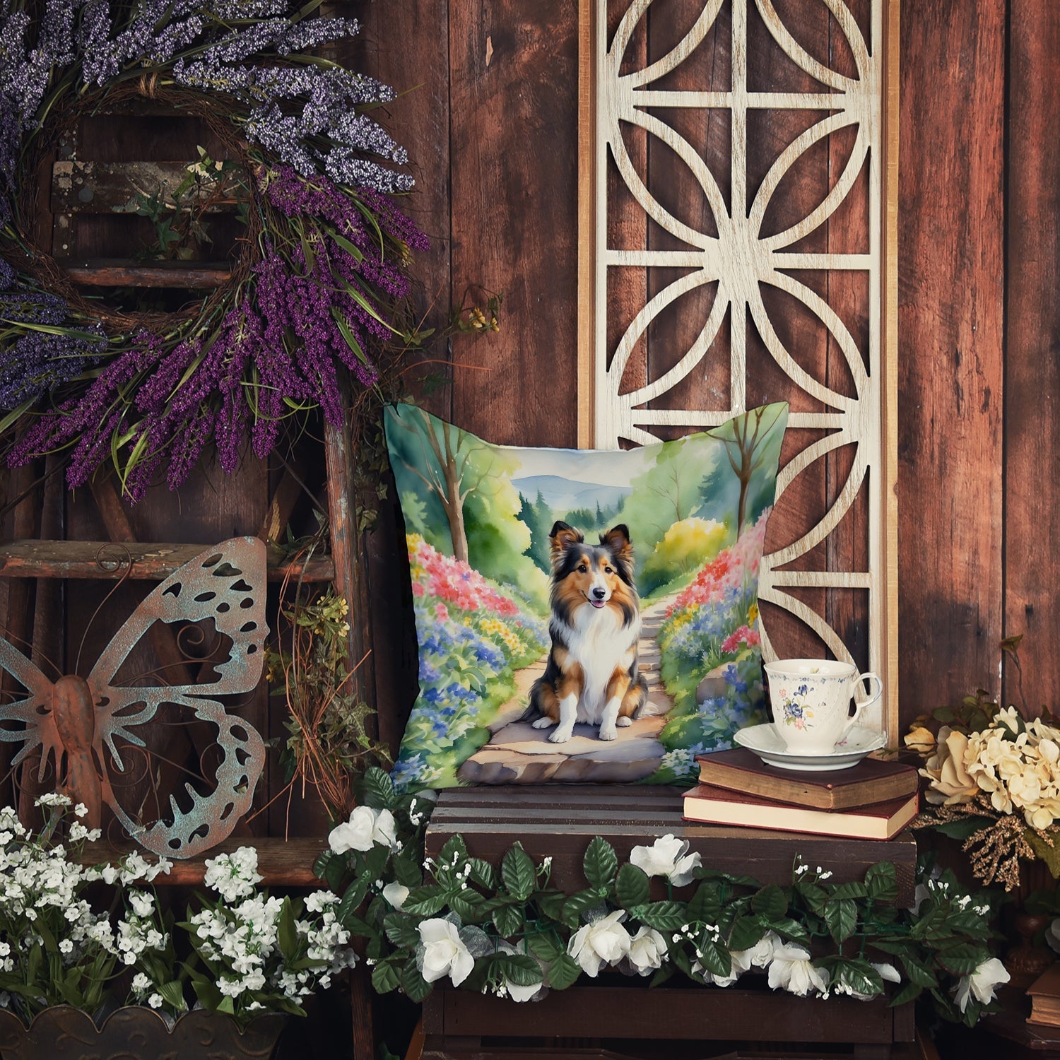 Sheltie Spring Path Decorative Throw Pillow 18x18 Indoor Outdoor Accent Cushion, Fabric Cover with Insert for Sofa, Bed, Porch & Living Room