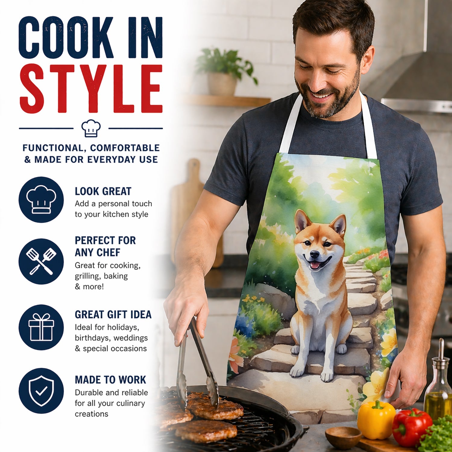 Shiba Inu Spring Path Apron Cooking Kitchen Server Baking Crafts Gardening for Adult Women Men, Unisex, Large, Multicolor