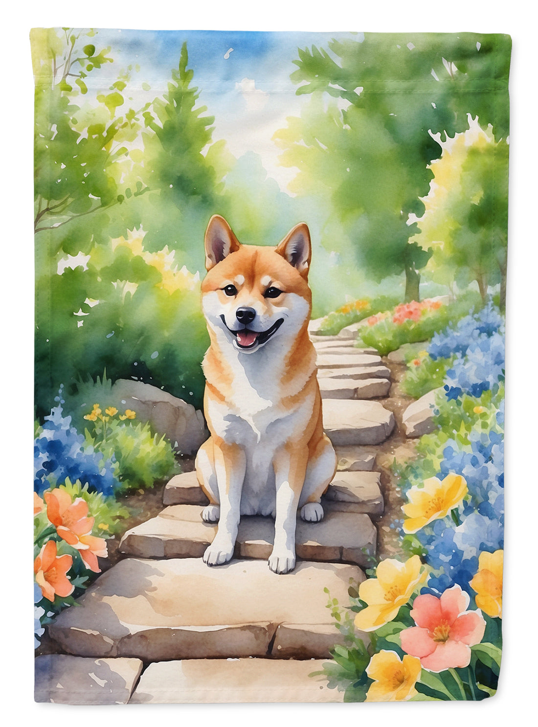 Shiba Inu Spring Path House Flag 28x40 Porch Sleeve Pole Decorative Outside Yard Banner Artwork Wall Hanging, Polyester