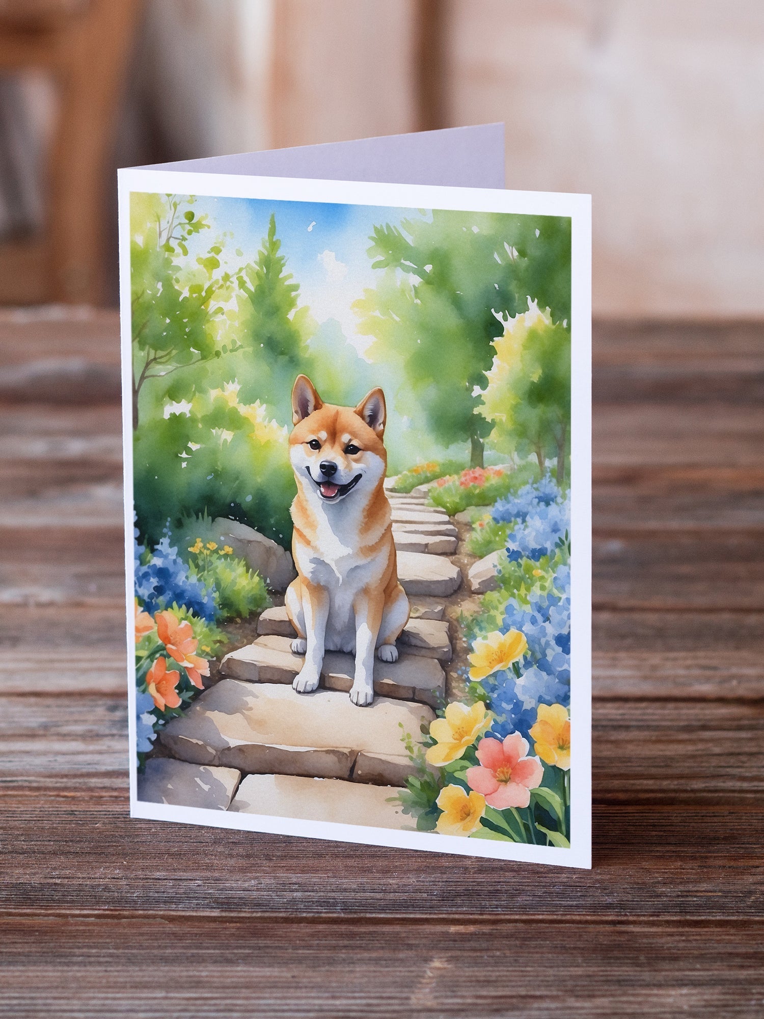Shiba Inu Spring Path Greeting Cards Pack of 8 Blank Cards with Envelopes Whimsical A7 Size 5x7