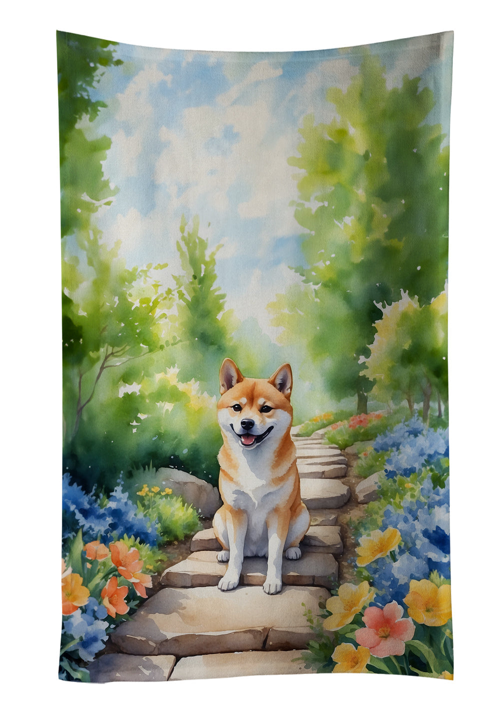 Shiba Inu Spring Path Kitchen Towel Velour Plush Front and Cotton Loop Back Machine Washable