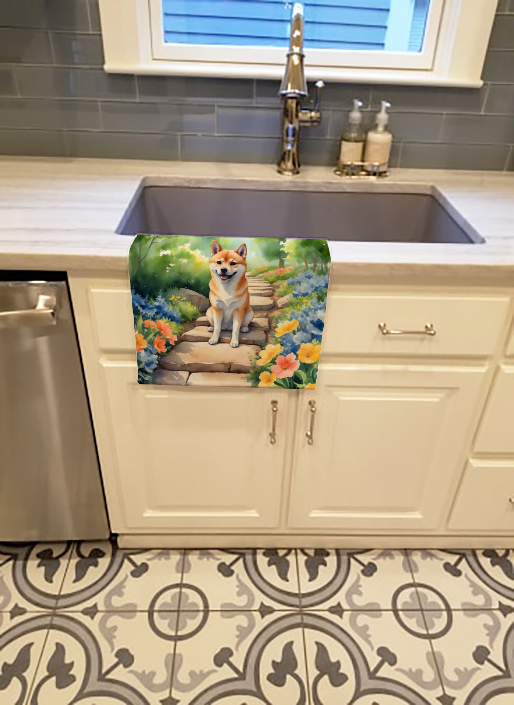 Shiba Inu Spring Path Kitchen Towel Velour Plush Front and Cotton Loop Back Machine Washable
