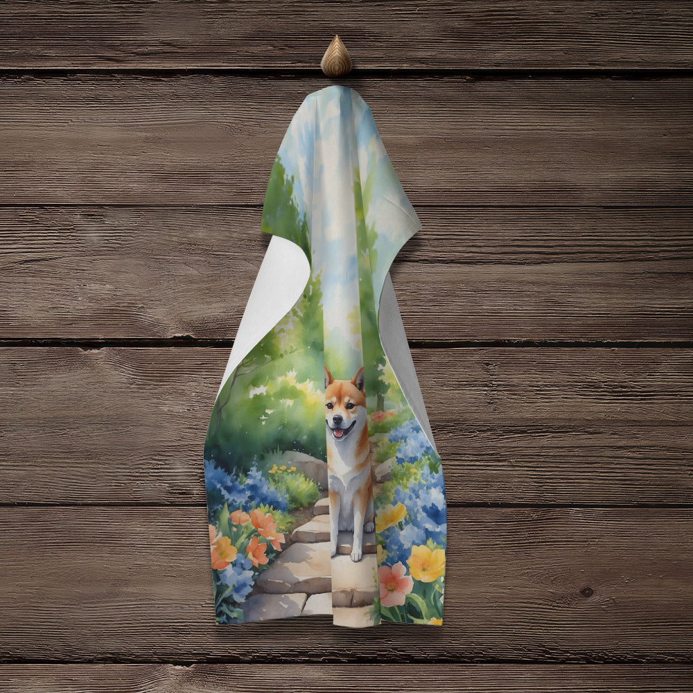 Shiba Inu Spring Path Kitchen Towel Velour Plush Front and Cotton Loop Back Machine Washable
