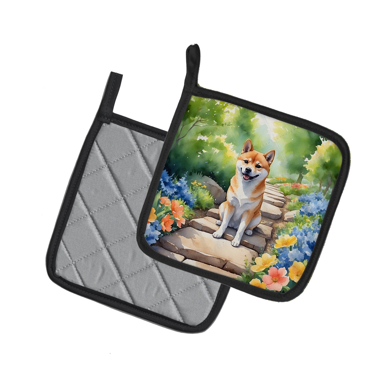 Shiba Inu Spring Path Pot Holder Set of 2 Heat Resistant Quilted Hot Pads 7.5 x 7.5 Inch, Insulated Kitchen Trivets for Cooking & Baking