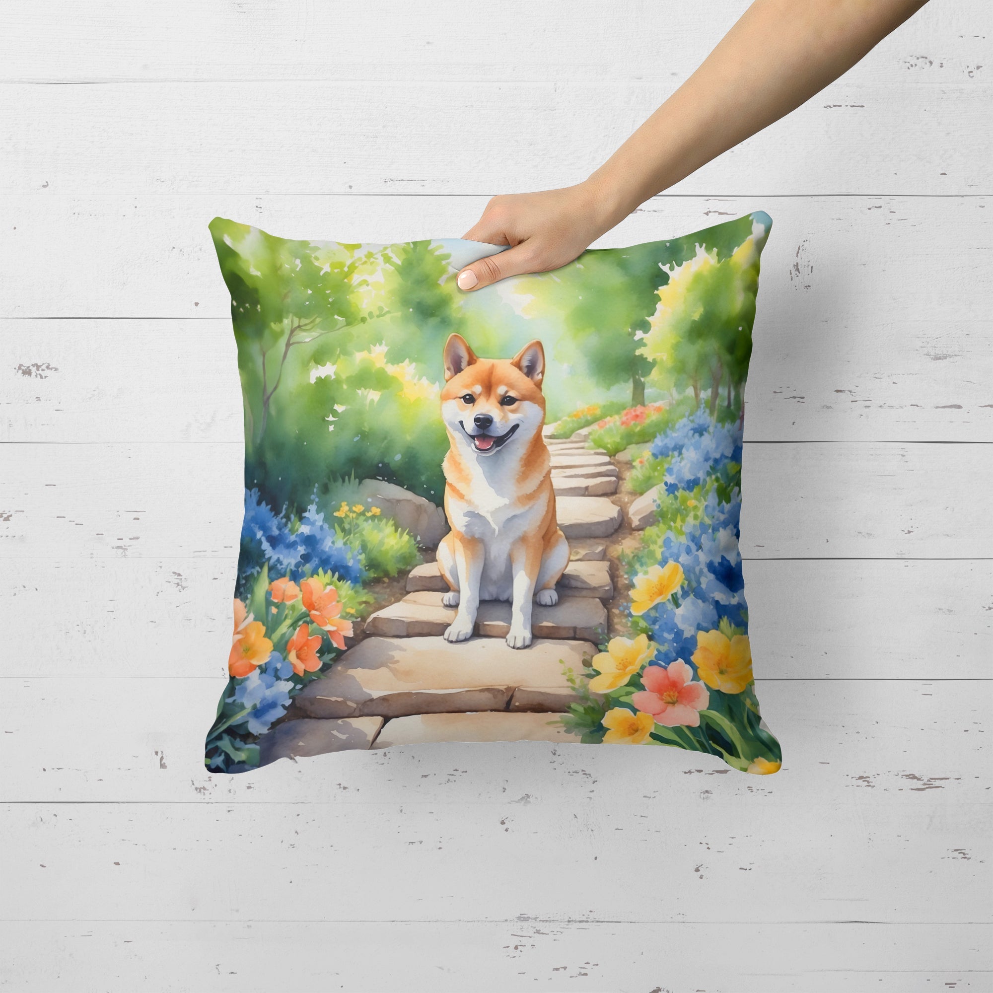 Shiba Inu Spring Path Decorative Throw Pillow 18x18 Indoor Outdoor Accent Cushion, Fabric Cover with Insert for Sofa, Bed, Porch & Living Room