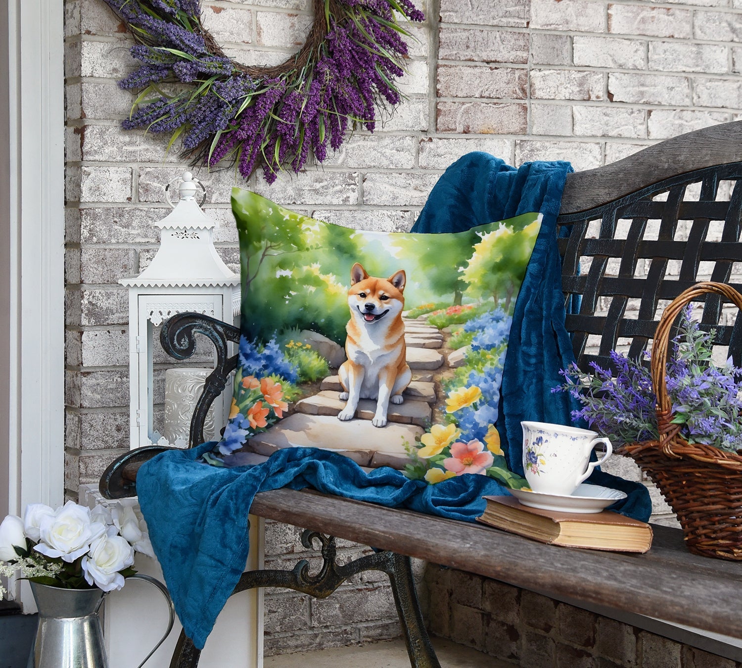 Shiba Inu Spring Path Decorative Throw Pillow 18x18 Indoor Outdoor Accent Cushion, Fabric Cover with Insert for Sofa, Bed, Porch & Living Room