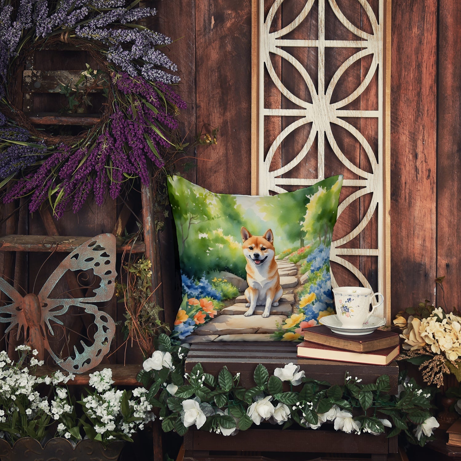 Shiba Inu Spring Path Decorative Throw Pillow 18x18 Indoor Outdoor Accent Cushion, Fabric Cover with Insert for Sofa, Bed, Porch & Living Room