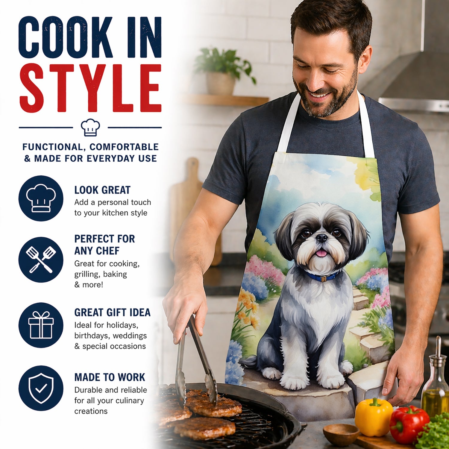 Shih Tzu Spring Path Apron Cooking Kitchen Server Baking Crafts Gardening for Adult Women Men, Unisex, Large, Multicolor
