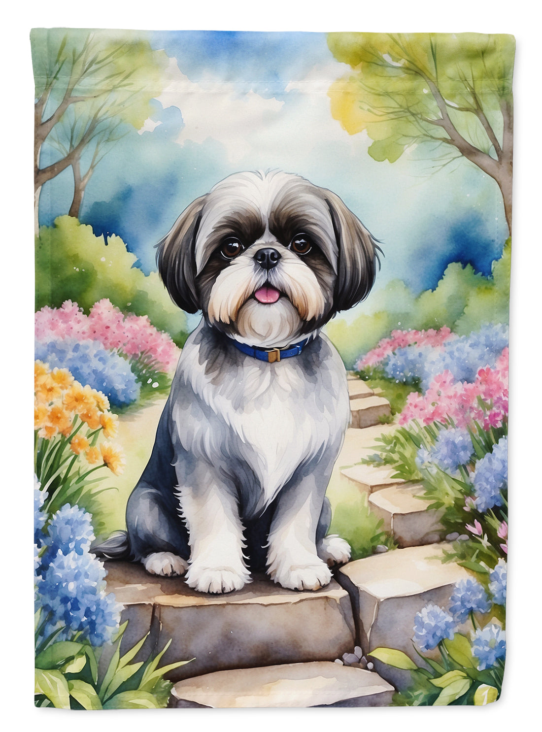 Shih Tzu Spring Path House Flag 28x40 Porch Sleeve Pole Decorative Outside Yard Banner Artwork Wall Hanging, Polyester