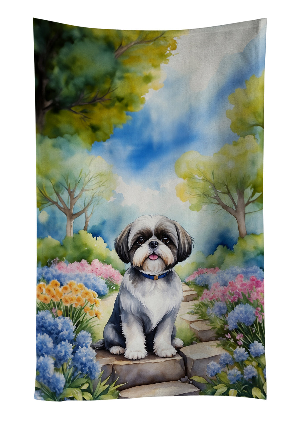 Shih Tzu Spring Path Kitchen Towel Velour Plush Front and Cotton Loop Back Machine Washable