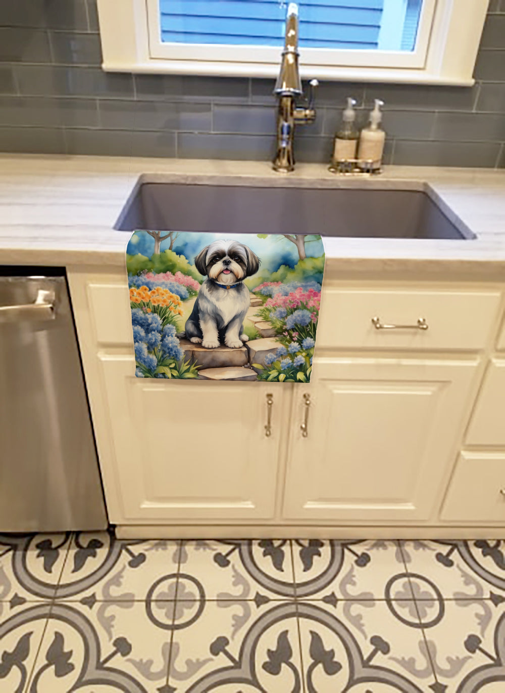 Shih Tzu Spring Path Kitchen Towel Velour Plush Front and Cotton Loop Back Machine Washable