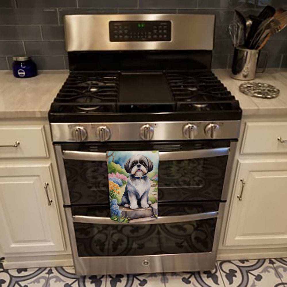 Shih Tzu Spring Path Kitchen Towel Velour Plush Front and Cotton Loop Back Machine Washable