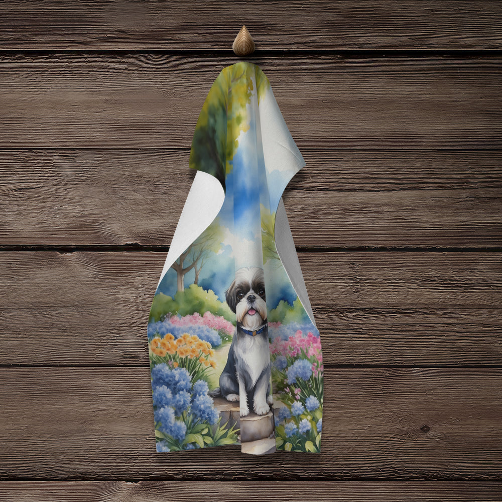 Shih Tzu Spring Path Kitchen Towel Velour Plush Front and Cotton Loop Back Machine Washable