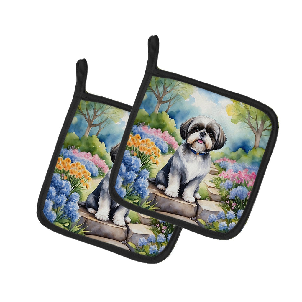 Shih Tzu Spring Path Pot Holder Set of 2 Heat Resistant Quilted Hot Pads 7.5 x 7.5 Inch, Insulated Kitchen Trivets for Cooking & Baking