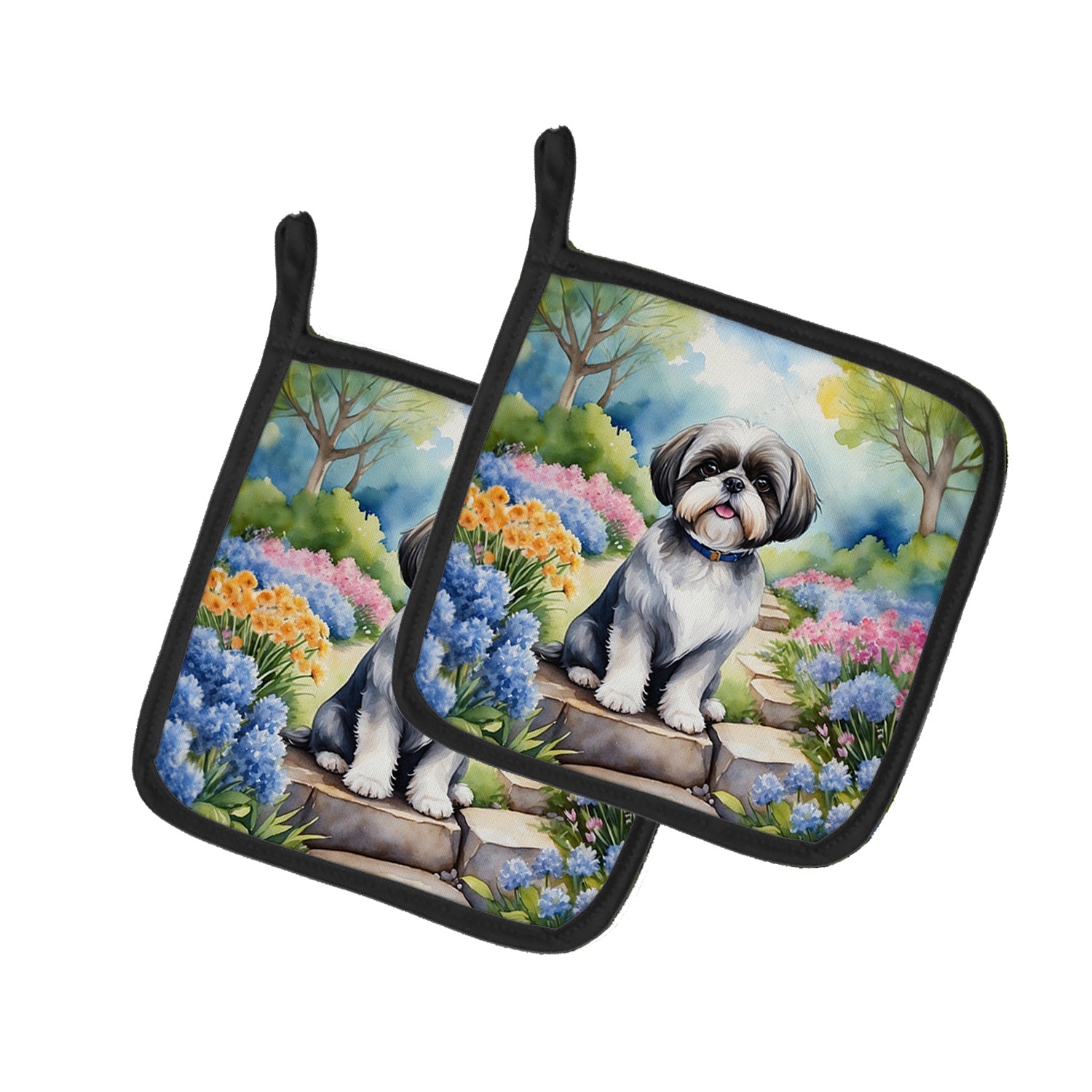 Shih Tzu Spring Path Pot Holder Set of 2 Heat Resistant Quilted Hot Pads 7.5 x 7.5 Inch, Insulated Kitchen Trivets for Cooking & Baking