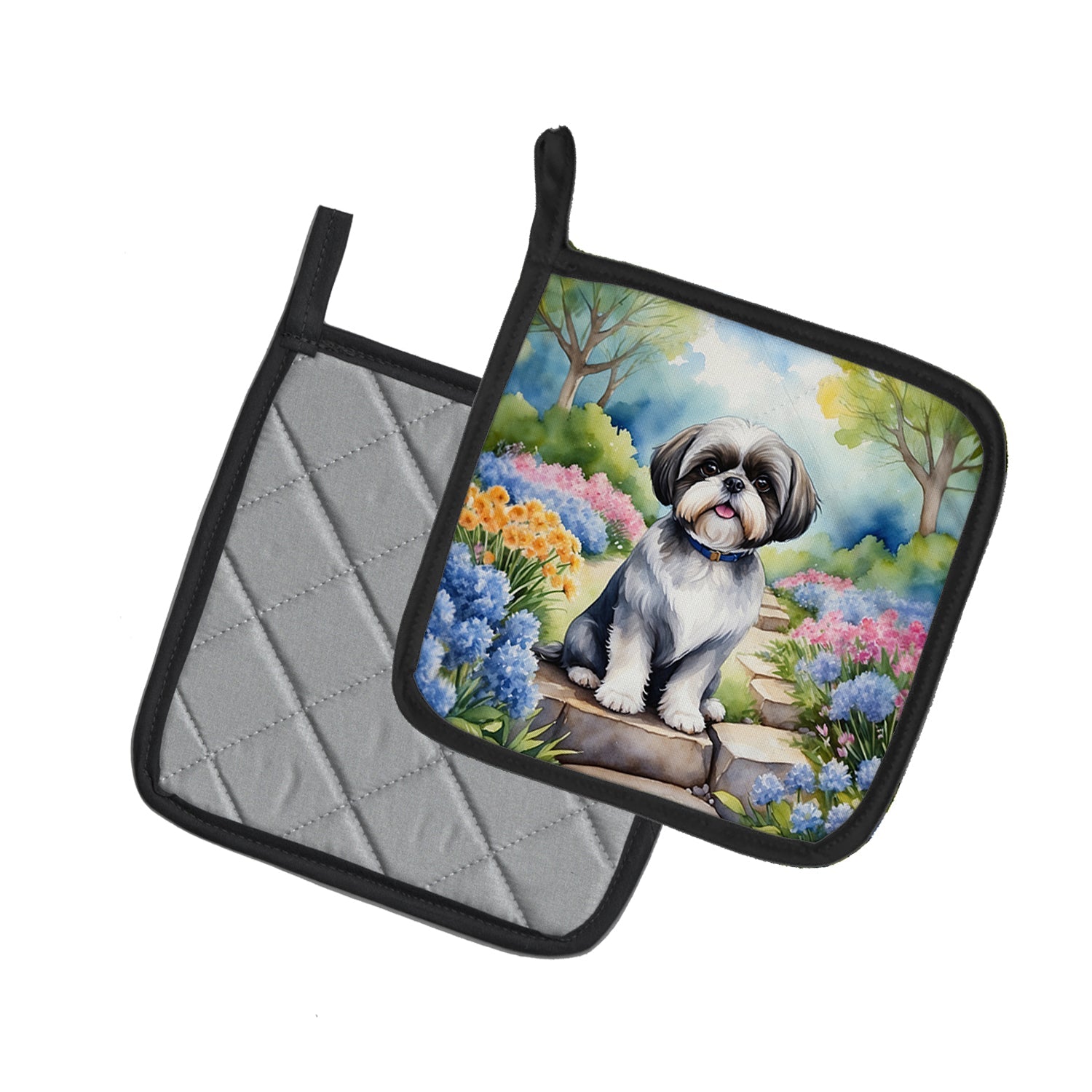 Shih Tzu Spring Path Pot Holder Set of 2 Heat Resistant Quilted Hot Pads 7.5 x 7.5 Inch, Insulated Kitchen Trivets for Cooking & Baking
