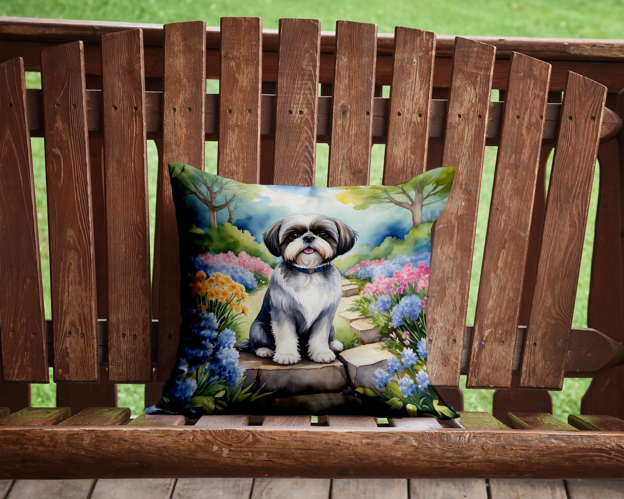 Shih Tzu Spring Path Decorative Throw Pillow 14x14 Indoor Outdoor Accent Cushion, Fabric Cover with Insert for Sofa, Bed, Porch & Living Room