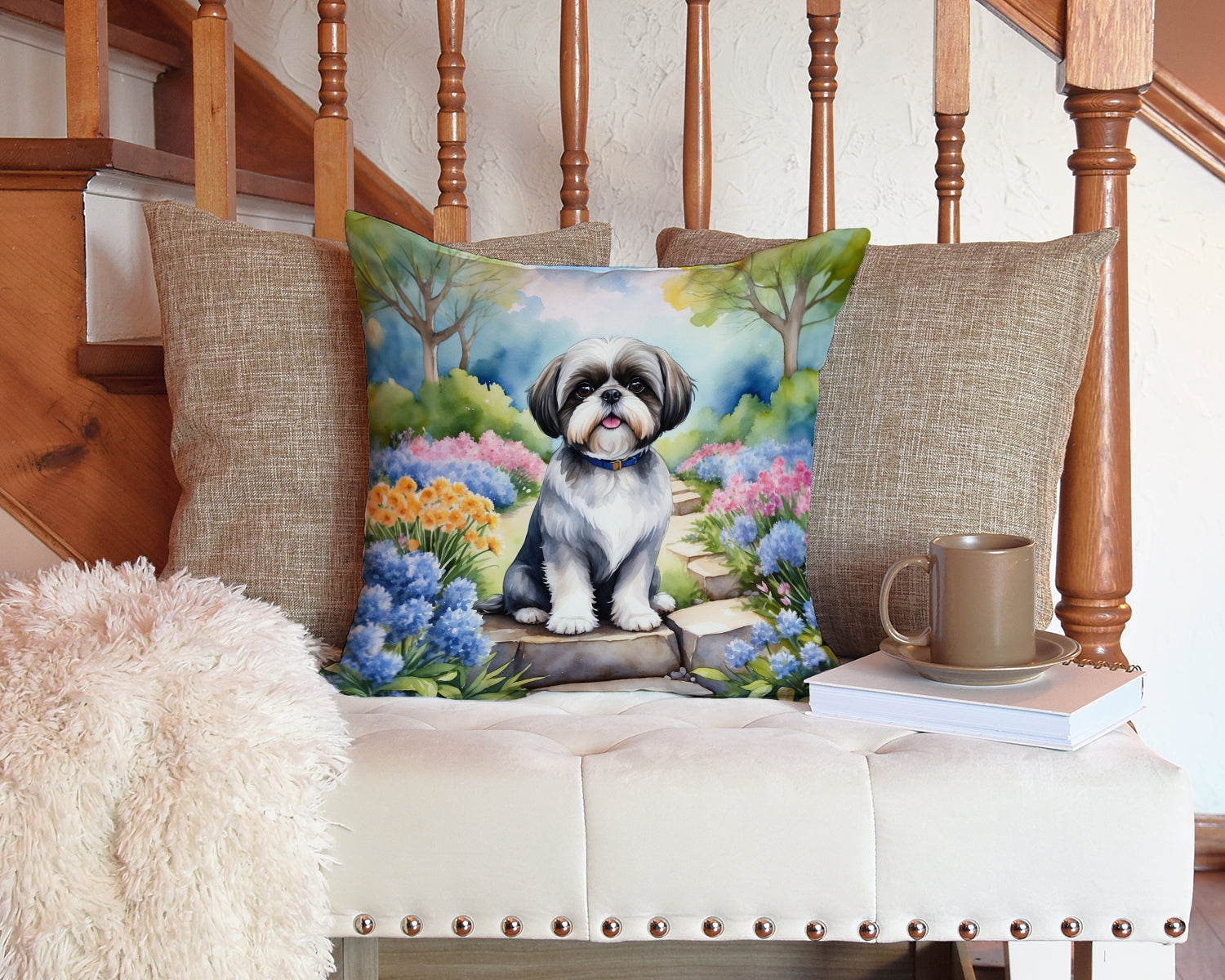 Shih Tzu Spring Path Decorative Throw Pillow 14x14 Indoor Outdoor Accent Cushion, Fabric Cover with Insert for Sofa, Bed, Porch & Living Room