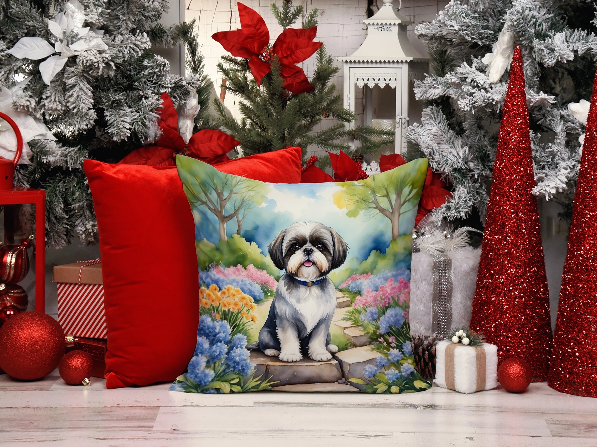 Shih Tzu Spring Path Decorative Throw Pillow 14x14 Indoor Outdoor Accent Cushion, Fabric Cover with Insert for Sofa, Bed, Porch & Living Room