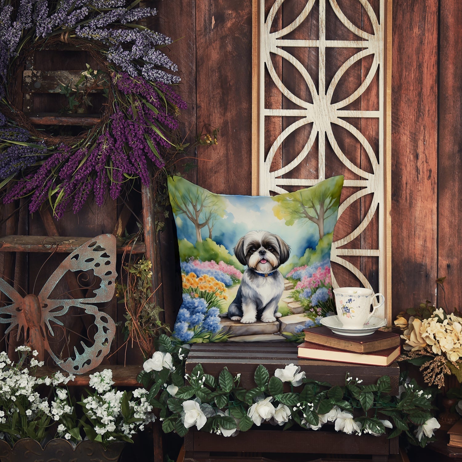 Shih Tzu Spring Path Decorative Throw Pillow 18x18 Indoor Outdoor Accent Cushion, Fabric Cover with Insert for Sofa, Bed, Porch & Living Room