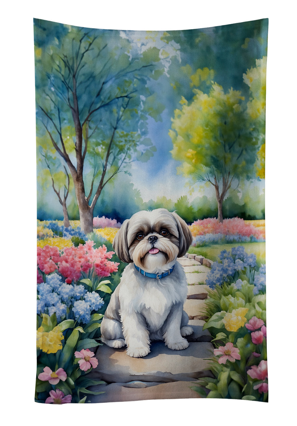 Shih Tzu Spring Path Kitchen Towel Velour Plush Front and Cotton Loop Back Machine Washable