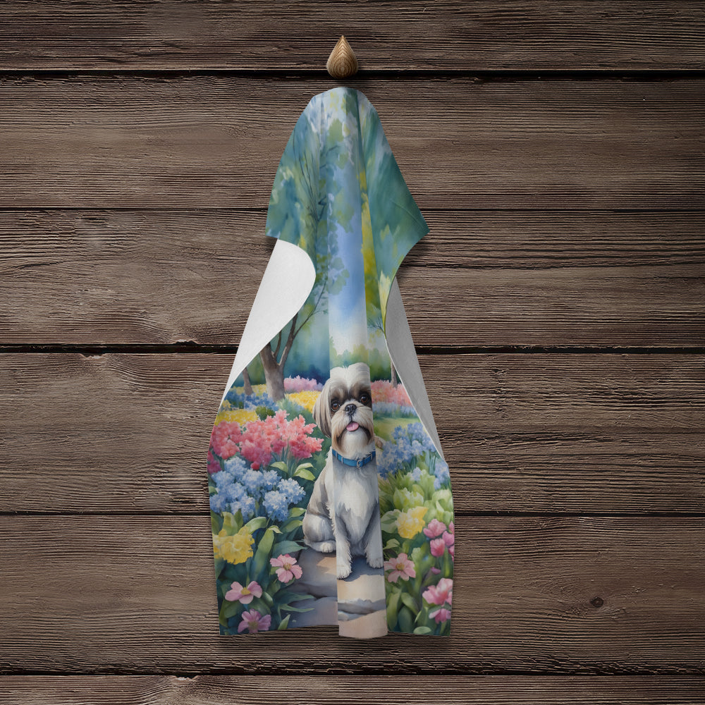 Shih Tzu Spring Path Kitchen Towel Velour Plush Front and Cotton Loop Back Machine Washable