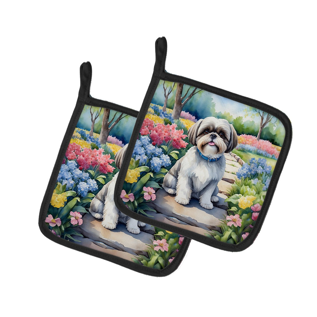Shih Tzu Spring Path Pot Holder Set of 2 Heat Resistant Quilted Hot Pads 7.5 x 7.5 Inch, Insulated Kitchen Trivets for Cooking & Baking
