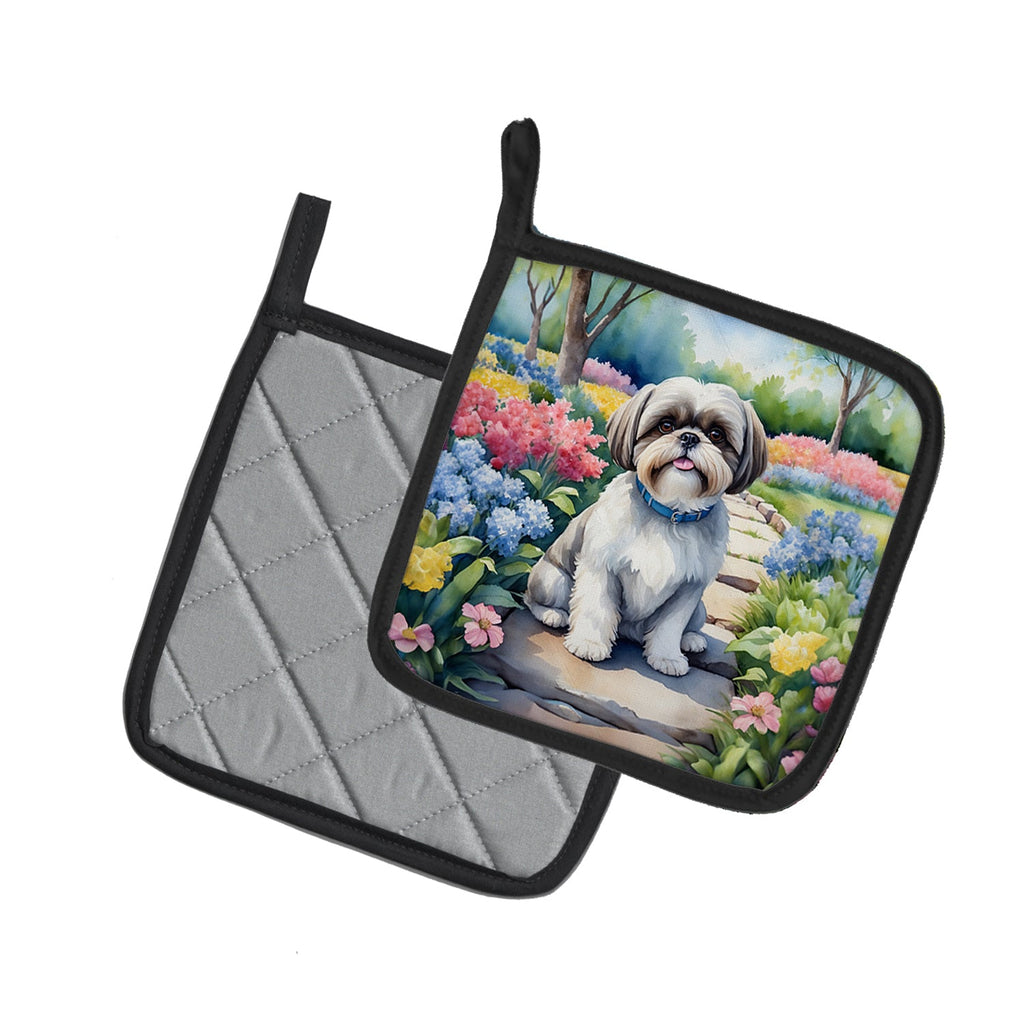 Shih Tzu Spring Path Pot Holder Set of 2 Heat Resistant Quilted Hot Pads 7.5 x 7.5 Inch, Insulated Kitchen Trivets for Cooking & Baking