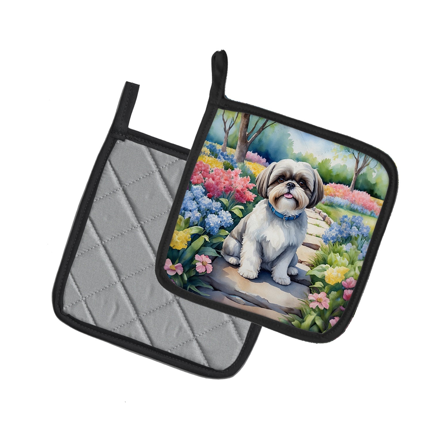 Shih Tzu Spring Path Pot Holder Set of 2 Heat Resistant Quilted Hot Pads 7.5 x 7.5 Inch, Insulated Kitchen Trivets for Cooking & Baking
