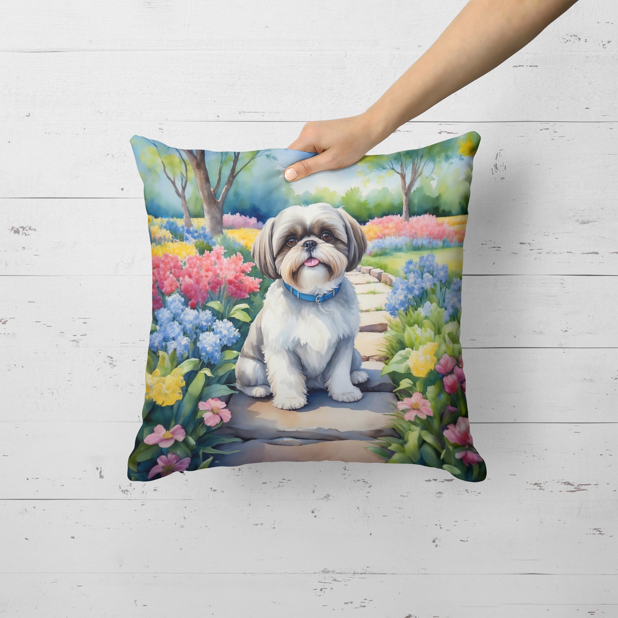 Shih Tzu Spring Path Decorative Throw Pillow 18x18 Indoor Outdoor Accent Cushion, Fabric Cover with Insert for Sofa, Bed, Porch & Living Room
