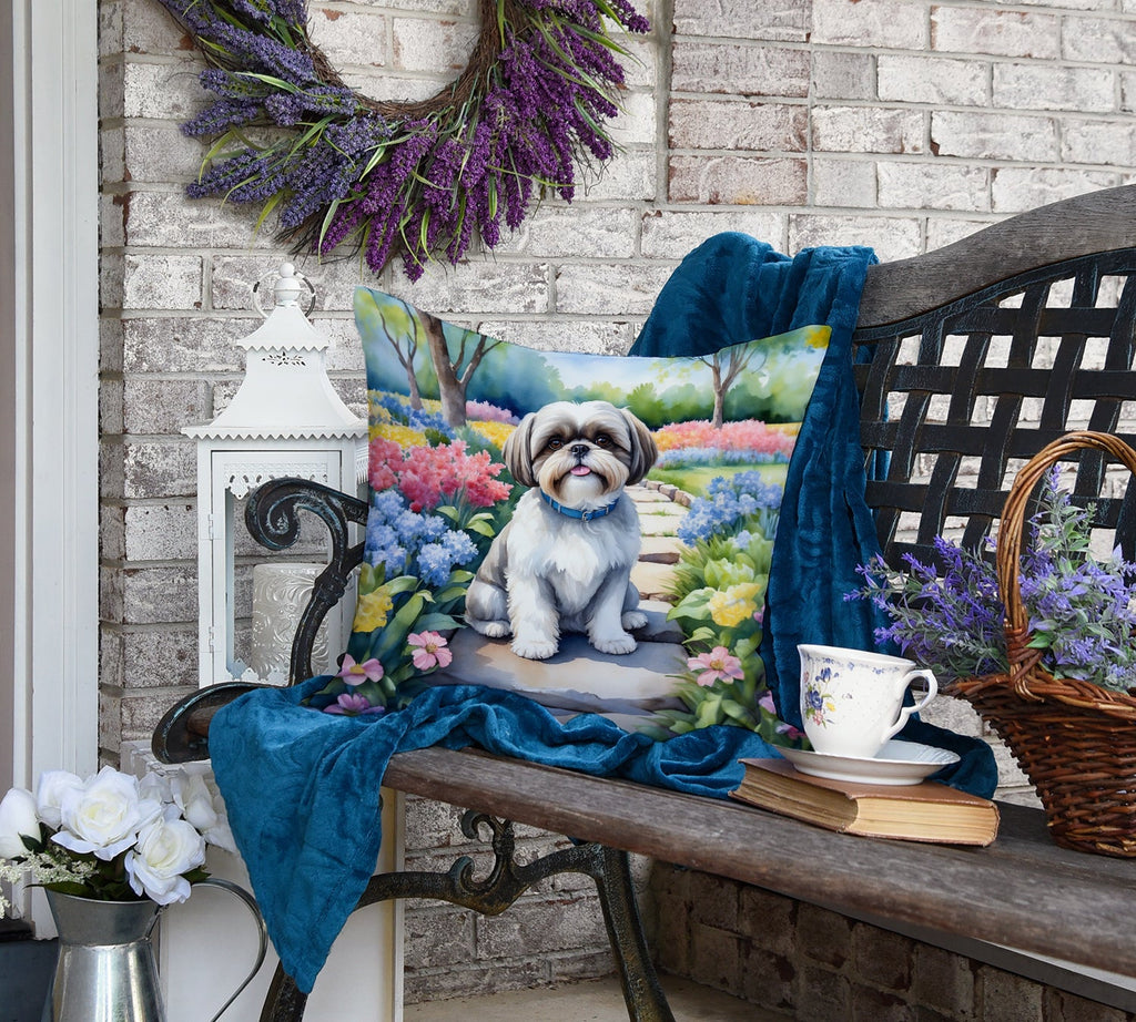 Shih Tzu Spring Path Decorative Throw Pillow 18x18 Indoor Outdoor Accent Cushion, Fabric Cover with Insert for Sofa, Bed, Porch & Living Room