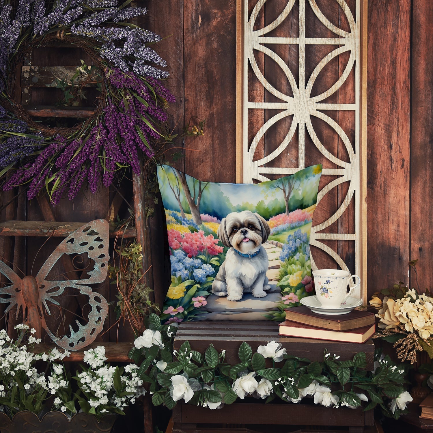 Shih Tzu Spring Path Decorative Throw Pillow 18x18 Indoor Outdoor Accent Cushion, Fabric Cover with Insert for Sofa, Bed, Porch & Living Room