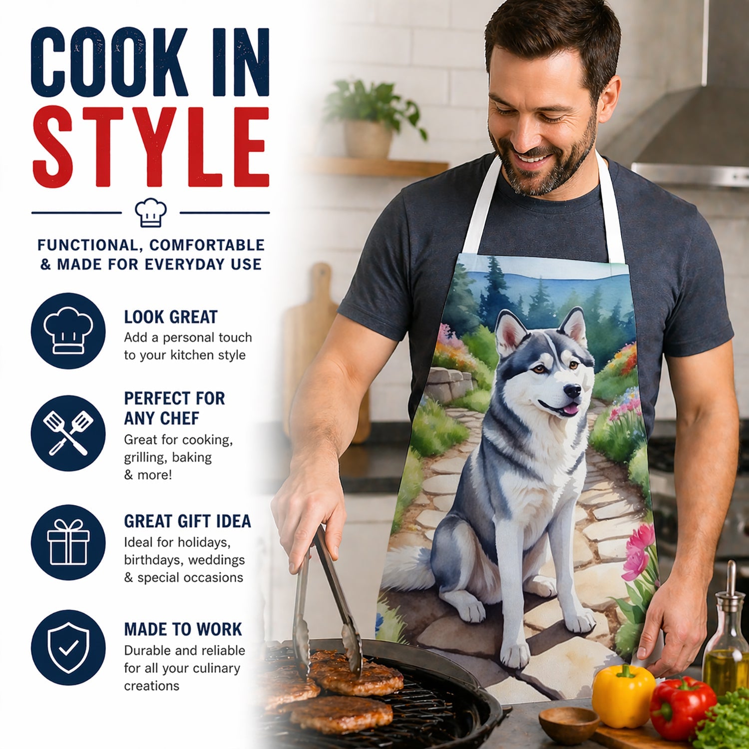 Siberian Husky Spring Path Apron Cooking Kitchen Server Baking Crafts Gardening for Adult Women Men, Unisex, Large, Multicolor