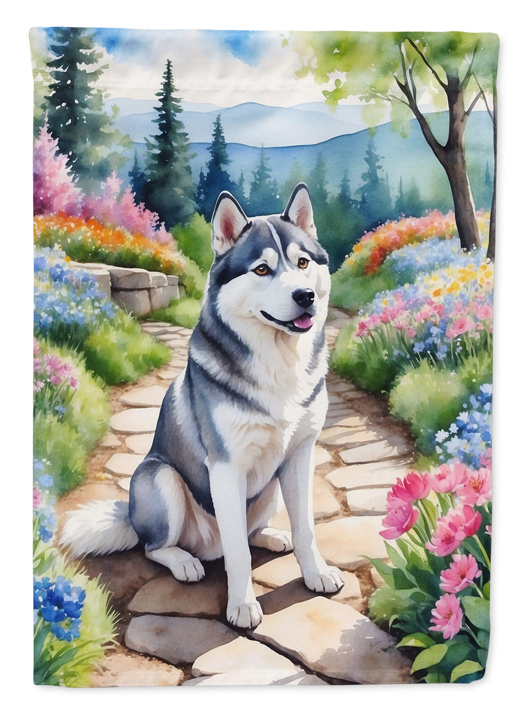 Siberian Husky Spring Path House Flag 28x40 Porch Sleeve Pole Decorative Outside Yard Banner Artwork Wall Hanging, Polyester