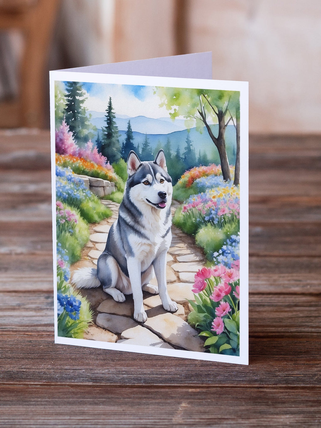 Siberian Husky Spring Path Greeting Cards Pack of 8 Blank Cards with Envelopes Whimsical A7 Size 5x7
