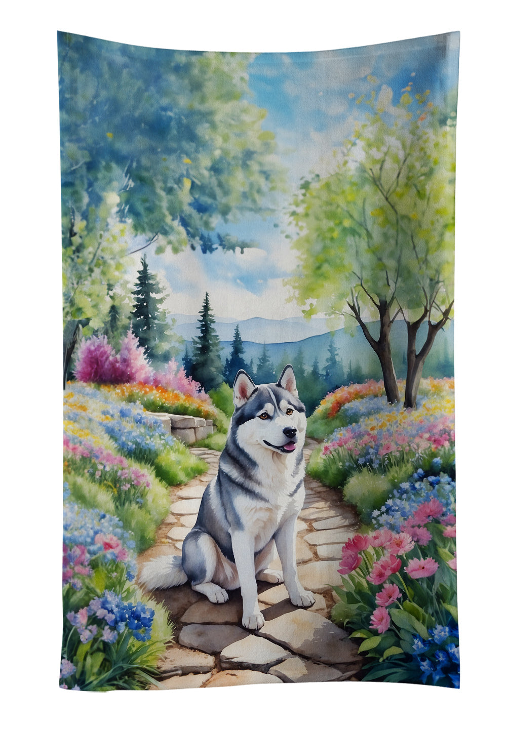Siberian Husky Spring Path Kitchen Towel Velour Plush Front and Cotton Loop Back Machine Washable