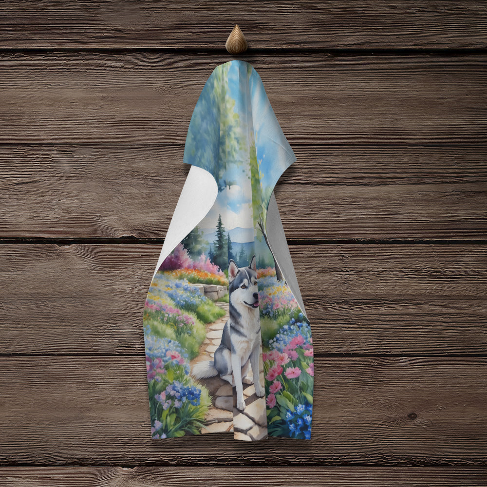 Siberian Husky Spring Path Kitchen Towel Velour Plush Front and Cotton Loop Back Machine Washable