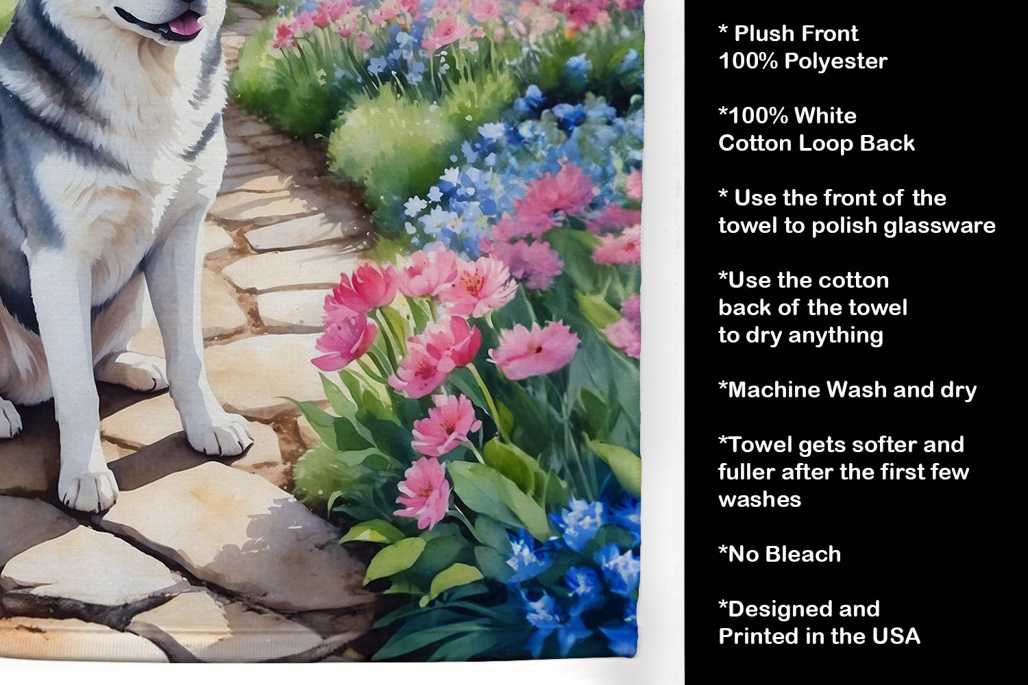 Siberian Husky Spring Path Kitchen Towel Velour Plush Front and Cotton Loop Back Machine Washable