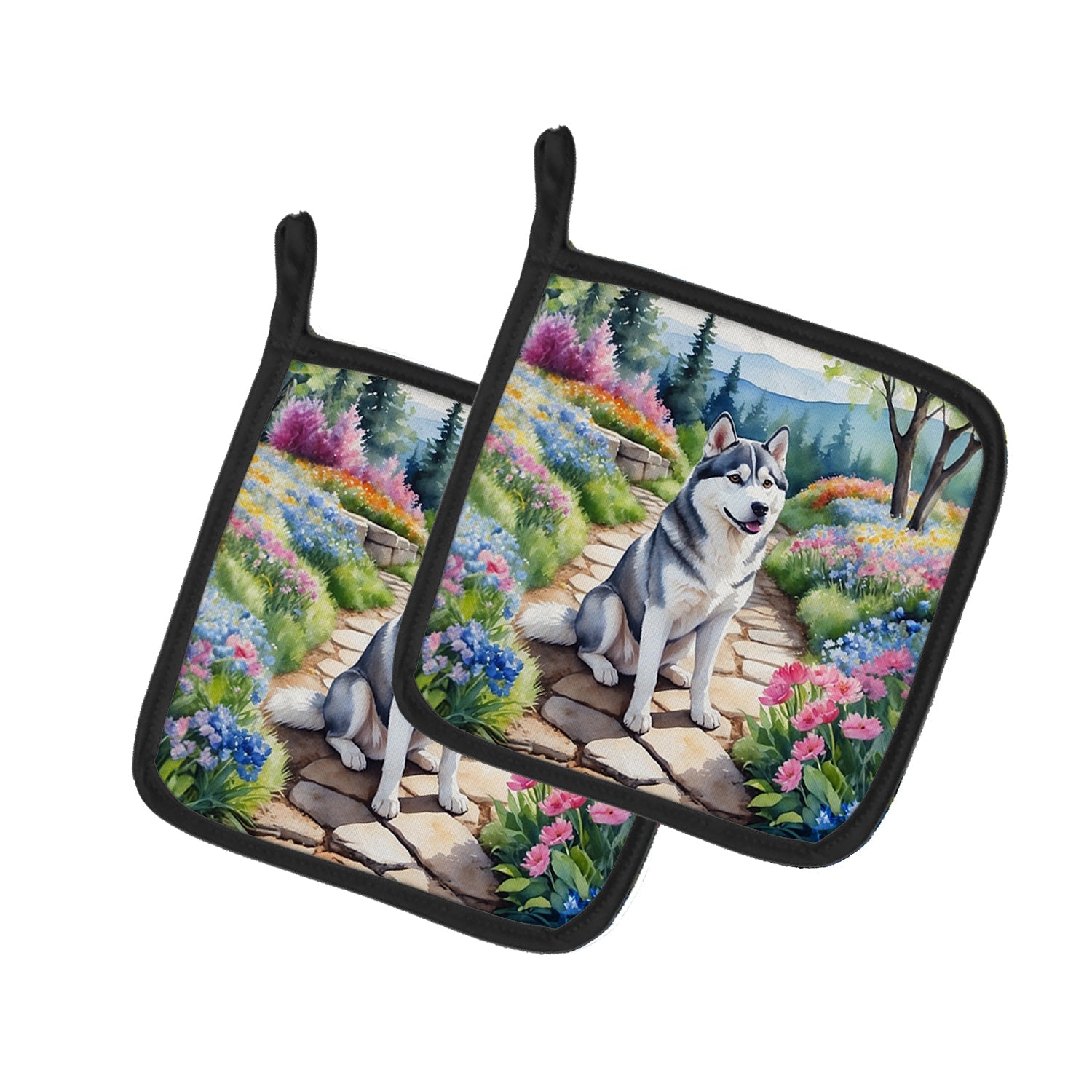 Siberian Husky Spring Path Pot Holder Set of 2 Heat Resistant Quilted Hot Pads 7.5 x 7.5 Inch, Insulated Kitchen Trivets for Cooking & Baking