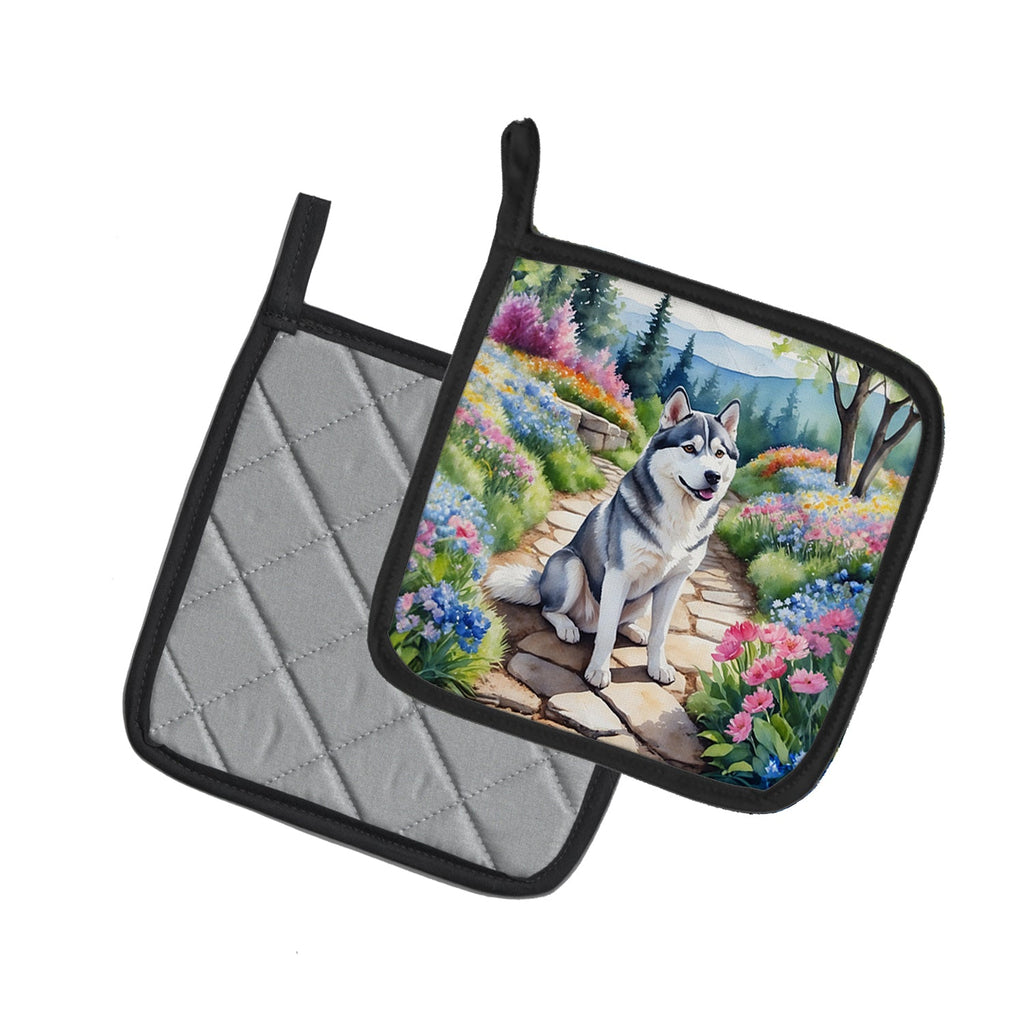 Siberian Husky Spring Path Pot Holder Set of 2 Heat Resistant Quilted Hot Pads 7.5 x 7.5 Inch, Insulated Kitchen Trivets for Cooking & Baking
