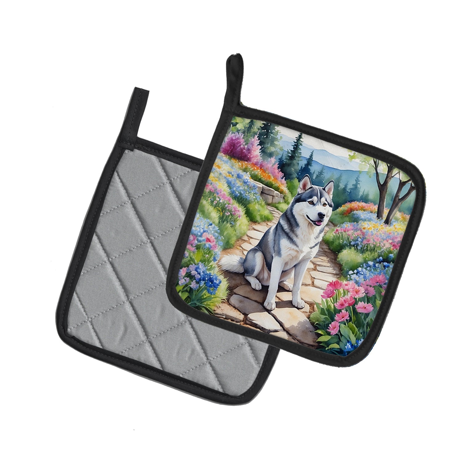 Siberian Husky Spring Path Pot Holder Set of 2 Heat Resistant Quilted Hot Pads 7.5 x 7.5 Inch, Insulated Kitchen Trivets for Cooking & Baking