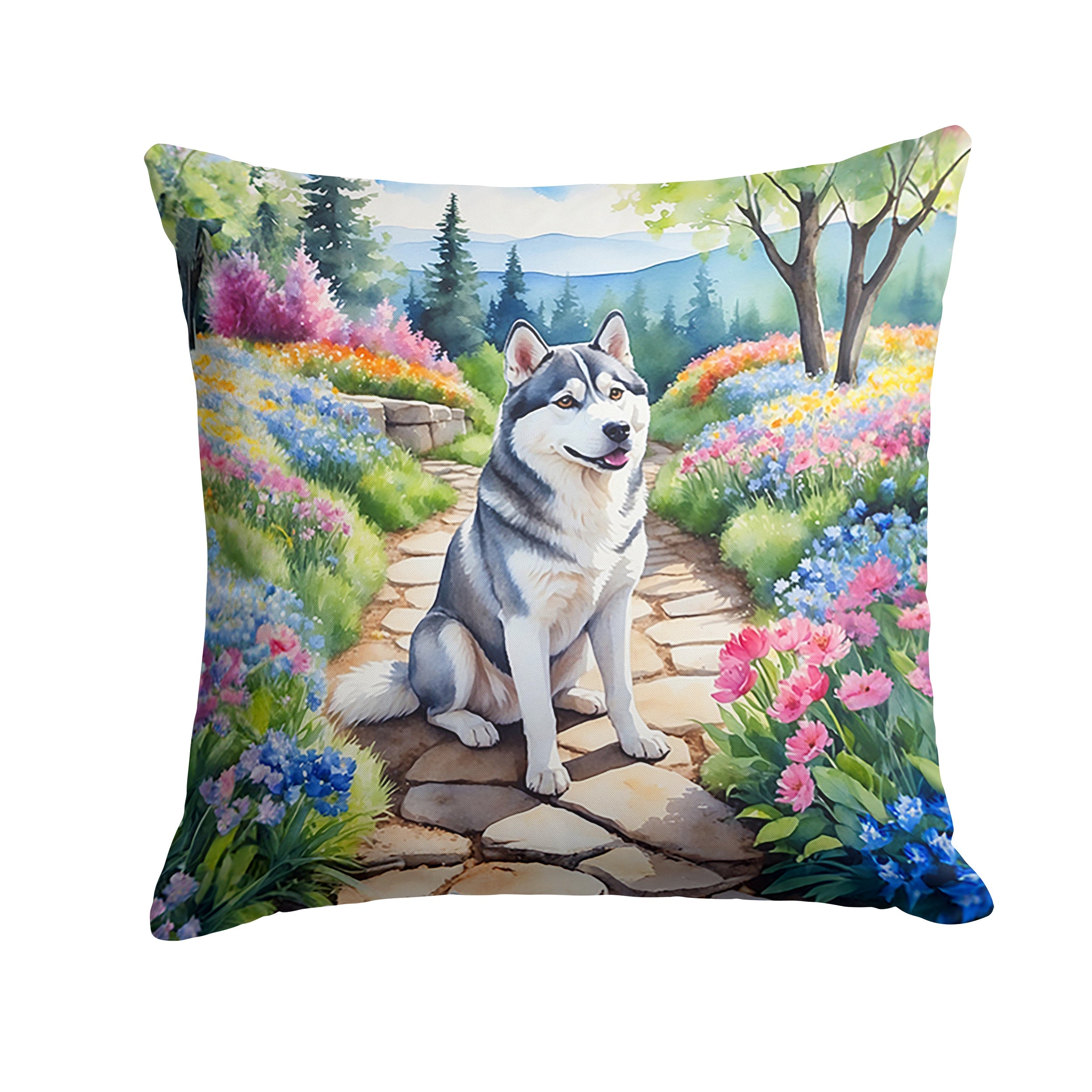 Siberian Husky Spring Path Decorative Throw Pillow 18x18 Indoor Outdoor Accent Cushion, Fabric Cover with Insert for Sofa, Bed, Porch & Living Room