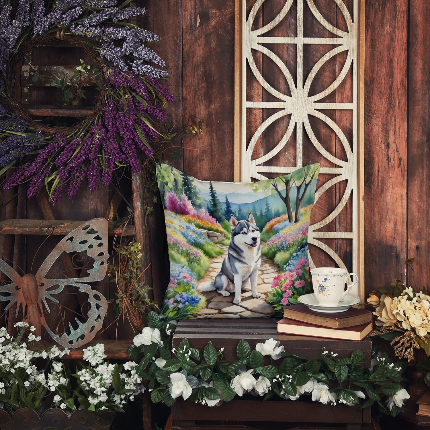 Siberian Husky Spring Path Decorative Throw Pillow 18x18 Indoor Outdoor Accent Cushion, Fabric Cover with Insert for Sofa, Bed, Porch & Living Room