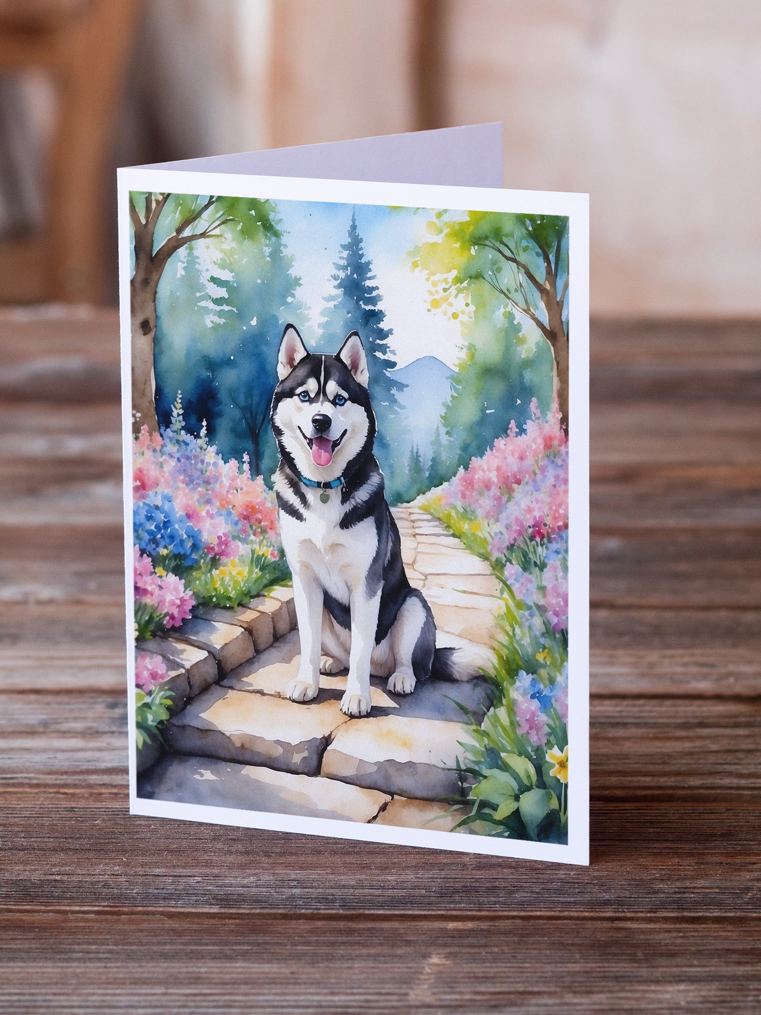 Siberian Husky Spring Path Greeting Cards Pack of 8 Blank Cards with Envelopes Whimsical A7 Size 5x7