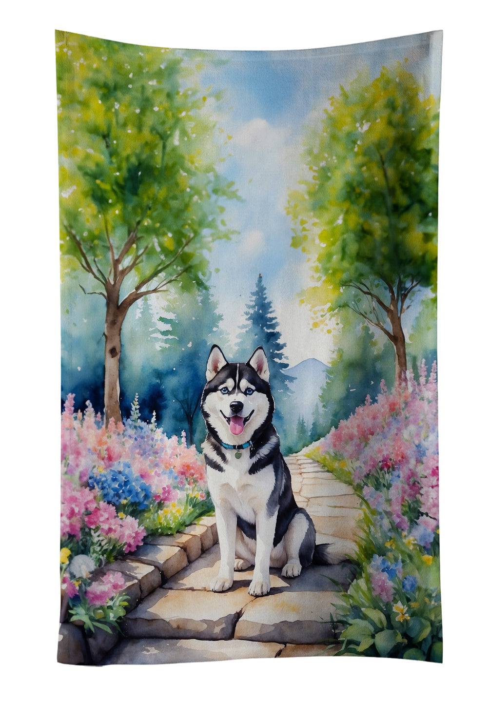 Siberian Husky Spring Path Kitchen Towel Velour Plush Front and Cotton Loop Back Machine Washable