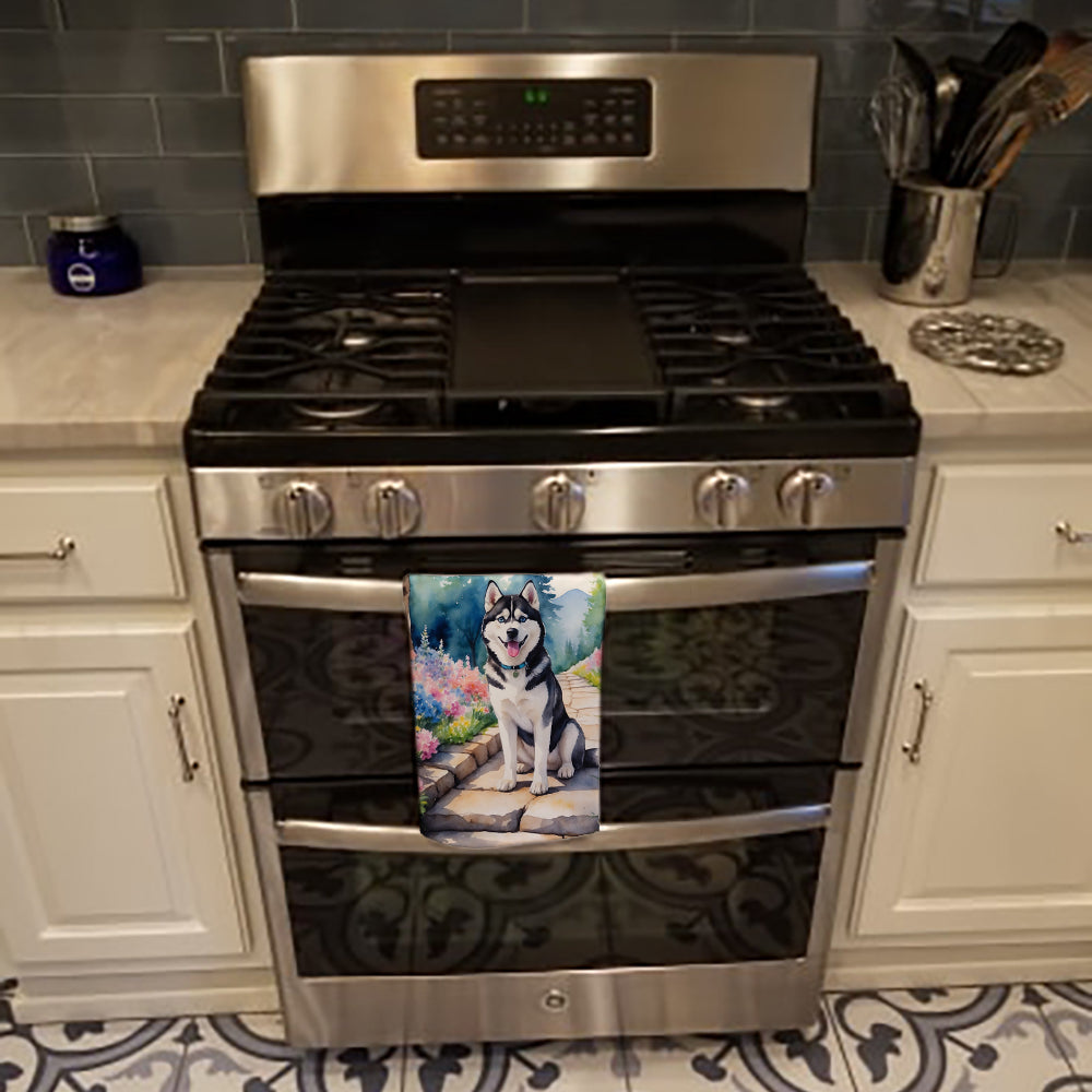 Siberian Husky Spring Path Kitchen Towel Velour Plush Front and Cotton Loop Back Machine Washable
