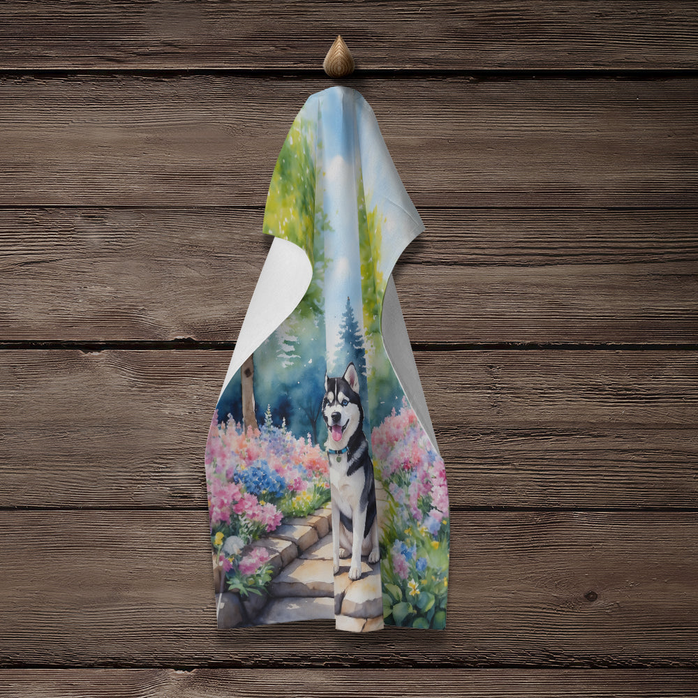 Siberian Husky Spring Path Kitchen Towel Velour Plush Front and Cotton Loop Back Machine Washable