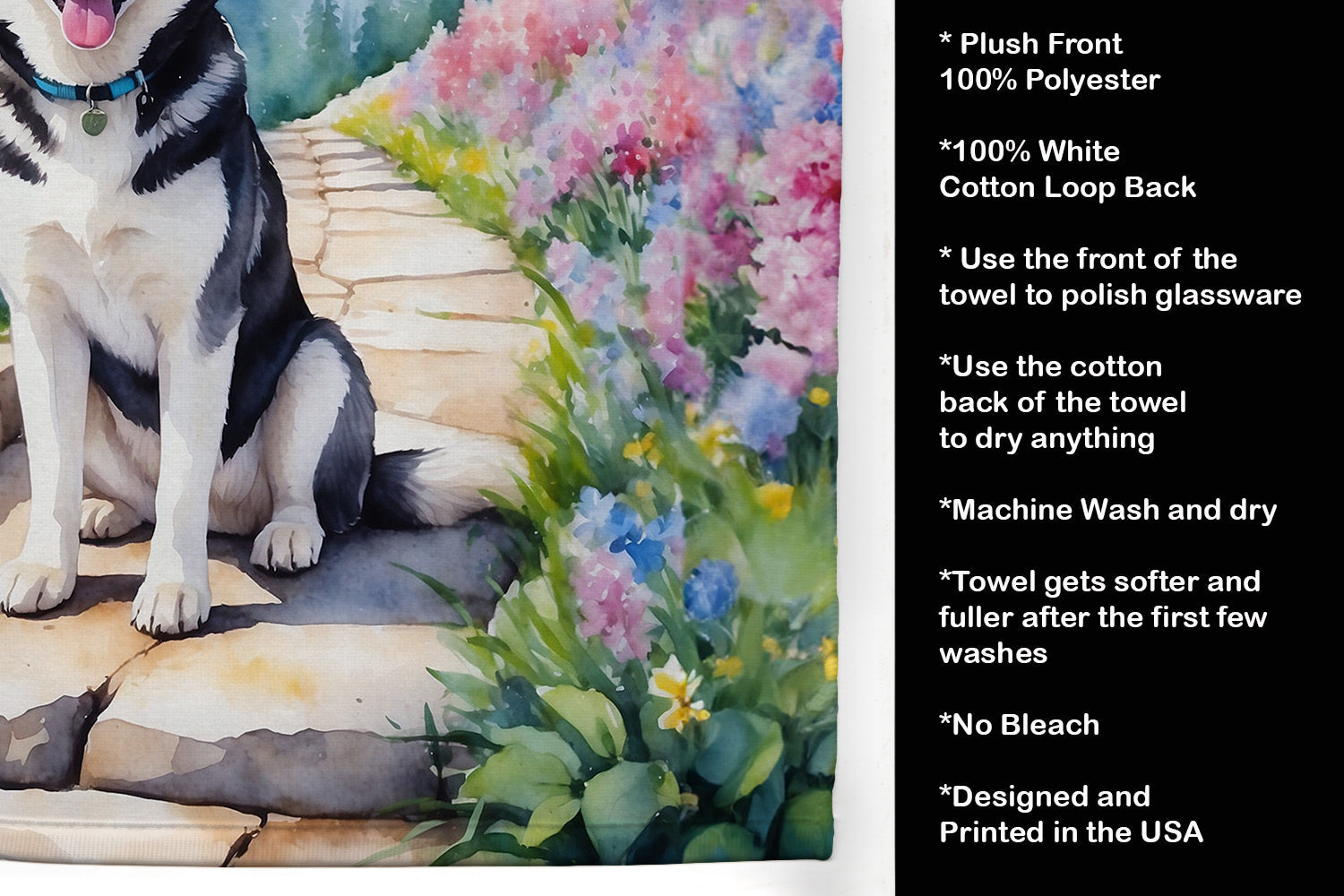 Siberian Husky Spring Path Kitchen Towel Velour Plush Front and Cotton Loop Back Machine Washable