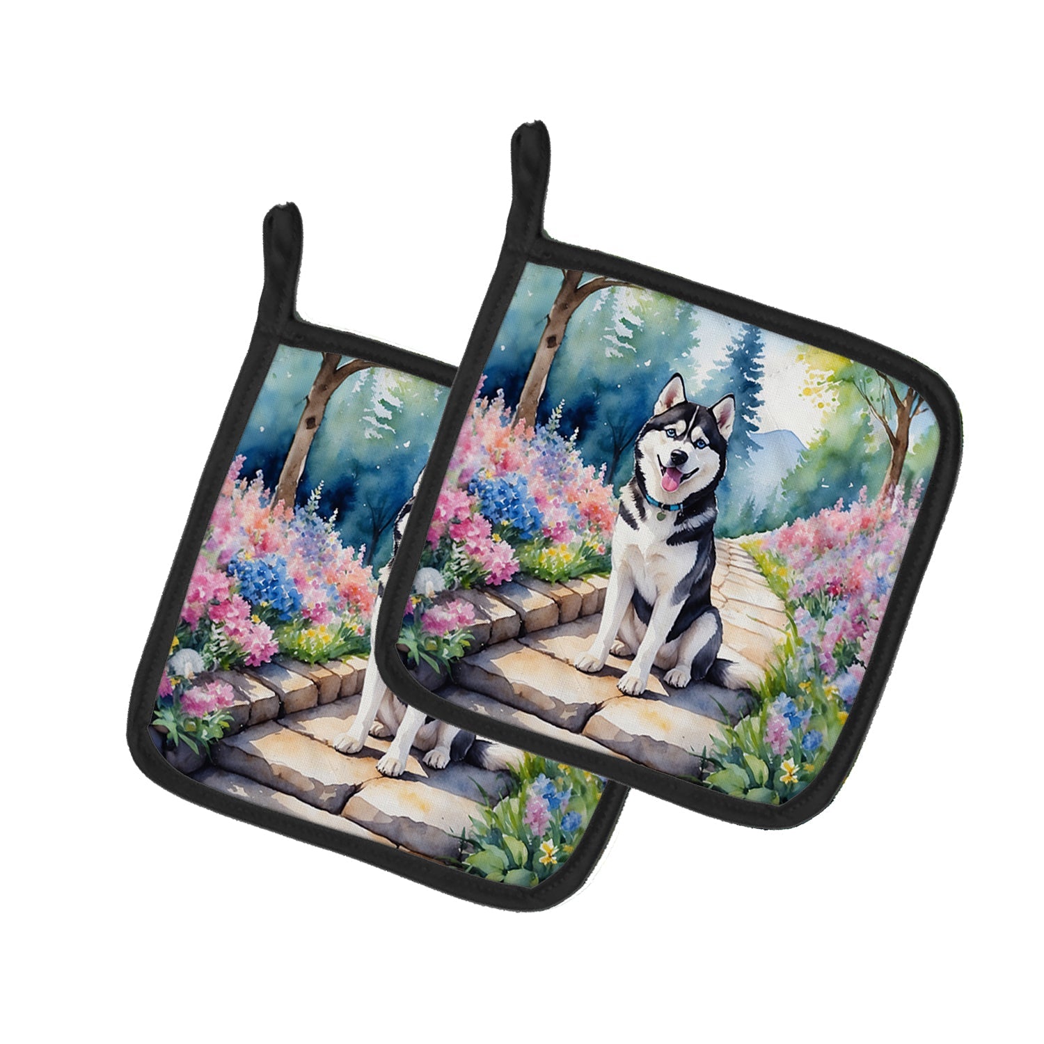 Siberian Husky Spring Path Pot Holder Set of 2 Heat Resistant Quilted Hot Pads 7.5 x 7.5 Inch, Insulated Kitchen Trivets for Cooking & Baking
